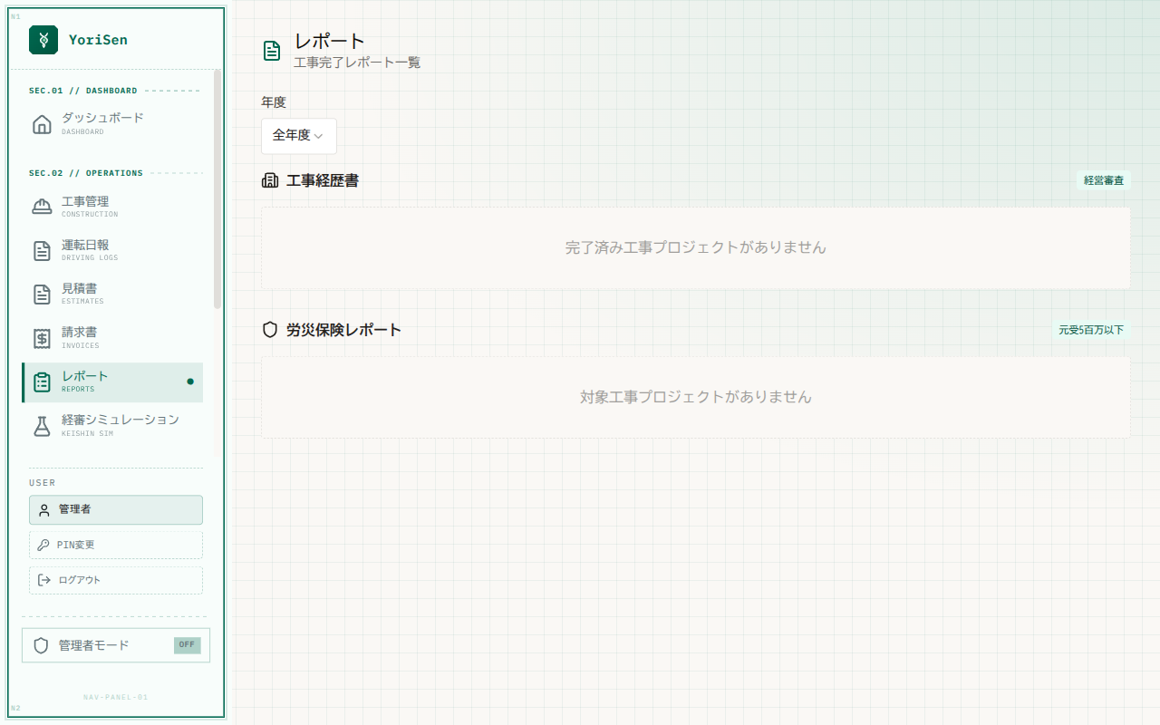 YoriSen のレポート画面。登録済みの工事データから、経営審査(経審)用の工事経歴書と労災保険レポートを年度別に生成できる。