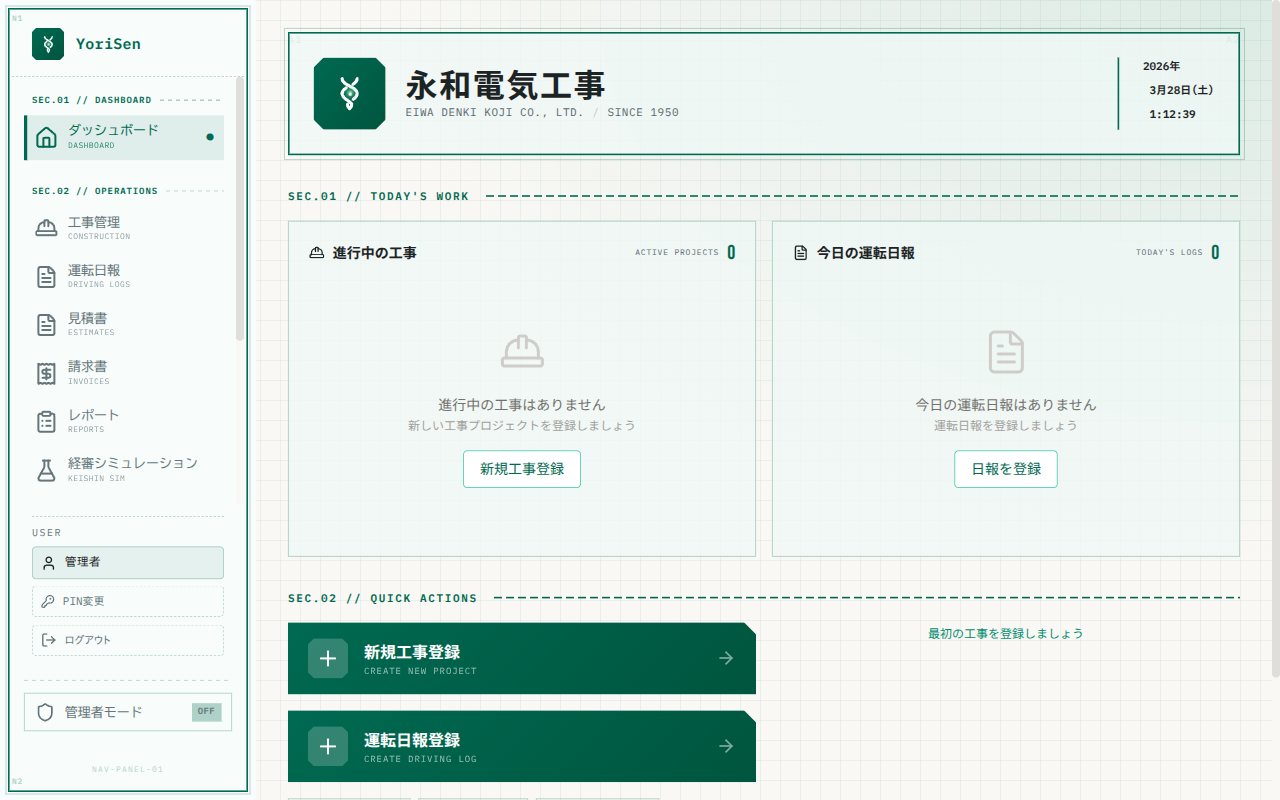 YoriSen のダッシュボード画面。左側に工事管理・運転日報・見積書・請求書・レポートのメニュー、右側に「進行中の工事」「今日の運転日報」とクイック操作をまとめた管理画面。